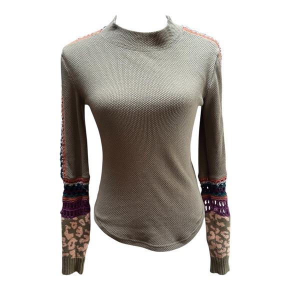 Free People Knit Top Olive Green Embellished Sleeve Mock Neck Pullover - Picture 1 of 10